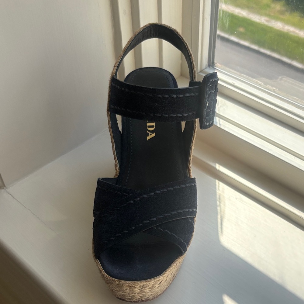 Prada Black and Tan Wedge Sandals